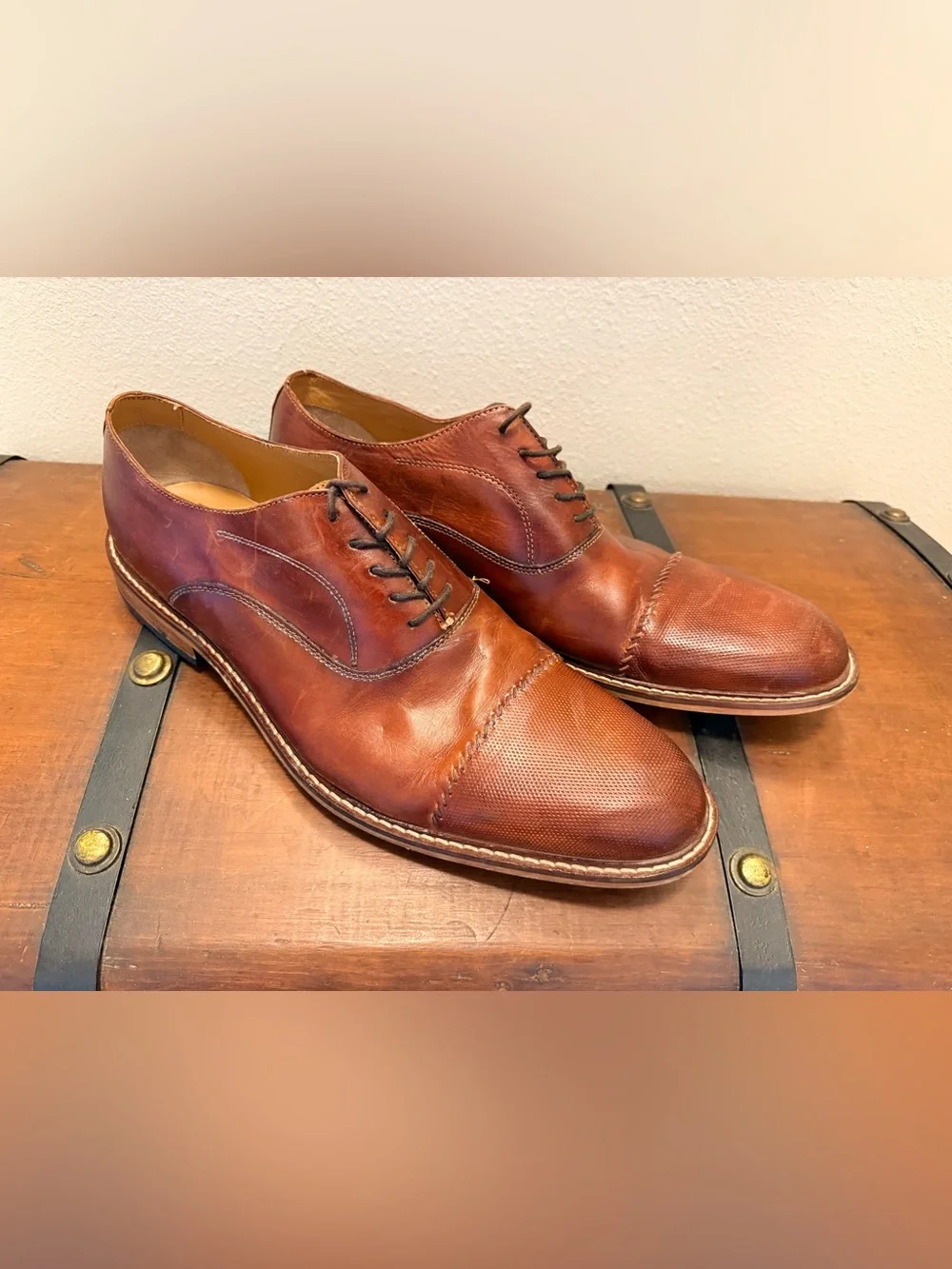 Joseph Abboud Cognac Brown Leather Cap-Toe Oxfords